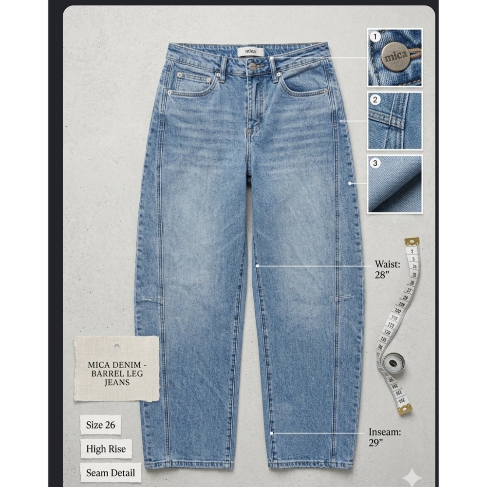 Mica Denim Barrel Leg Jeans High Rise Seam Detail Medium Wash Blue Size 26/29